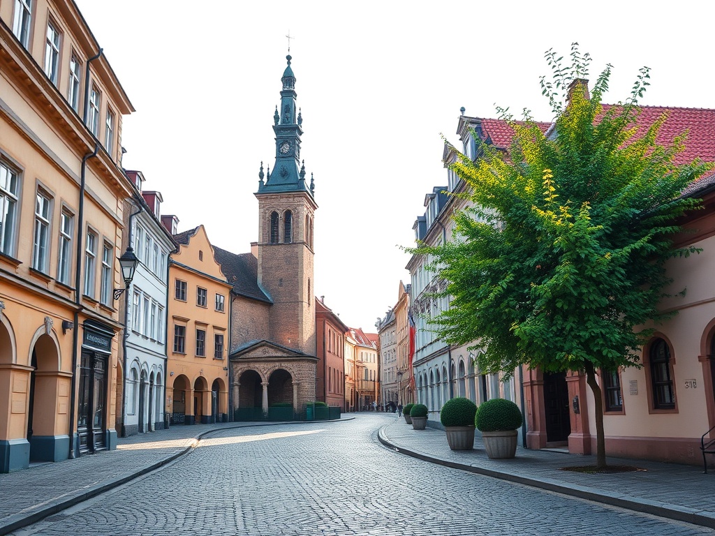 Panorama miasta Złotów z widocznym ratuszem i kościołem na tle zieleni